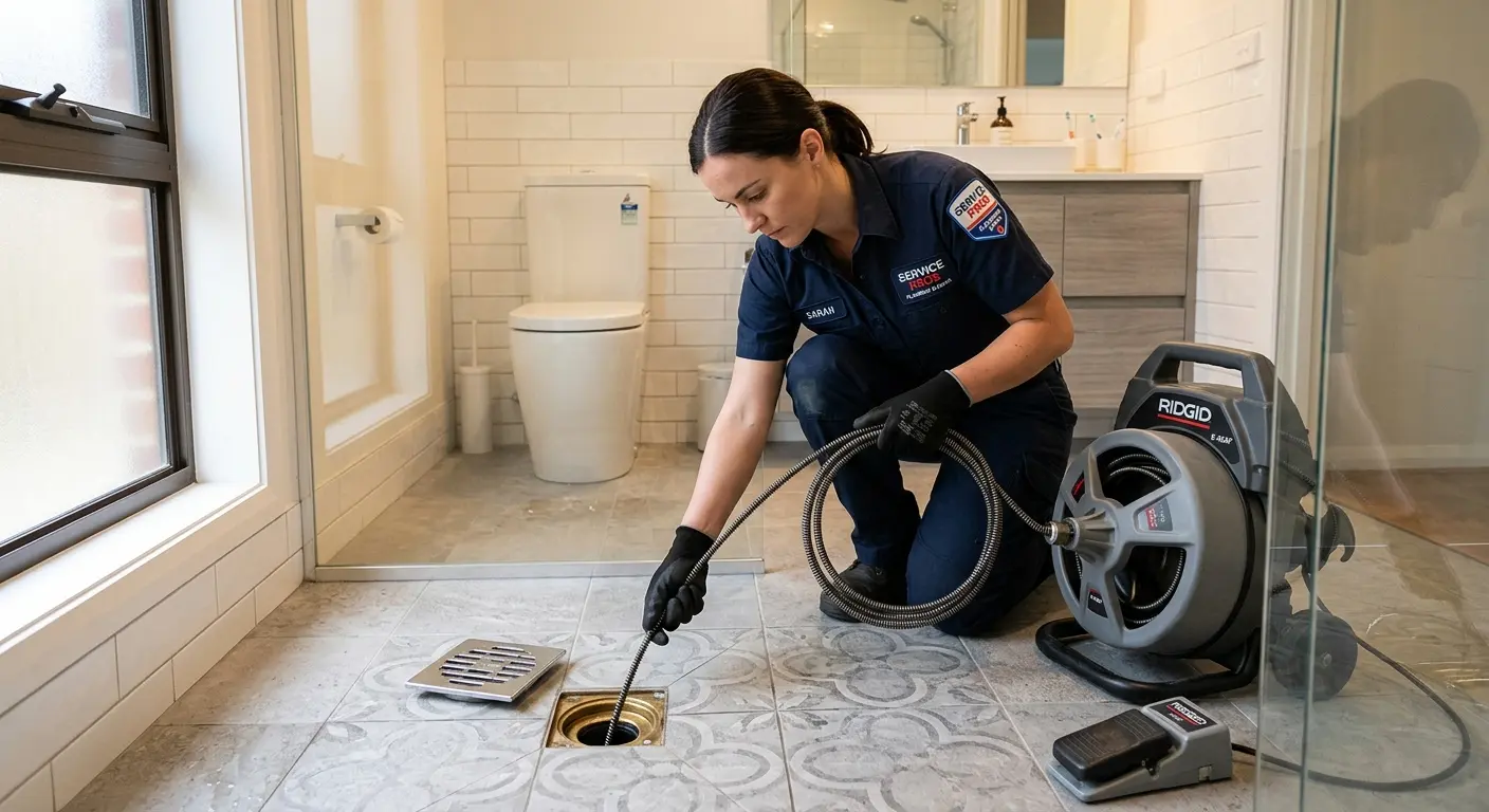 Technician clearing a bathroom floor drain for Drain Cleaning in Springfield